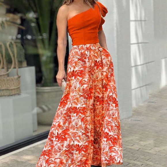 Blue Sexy One-Shoulder Sleeve Top and Printed Pant Set - Picture 2 of 4